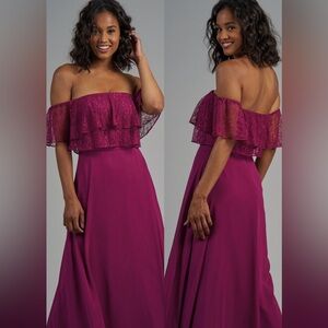 Elegant Belsoie Style B213013 Off-Shoulder Scarlet Poly Chiffon Gown